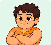 Young Bhima in orange with his arms folded