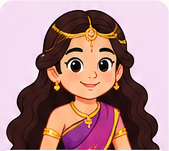 Draupadi in purple and gold with long dark hair