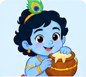 Young Krishna with a peacock feather and a pot of butter
