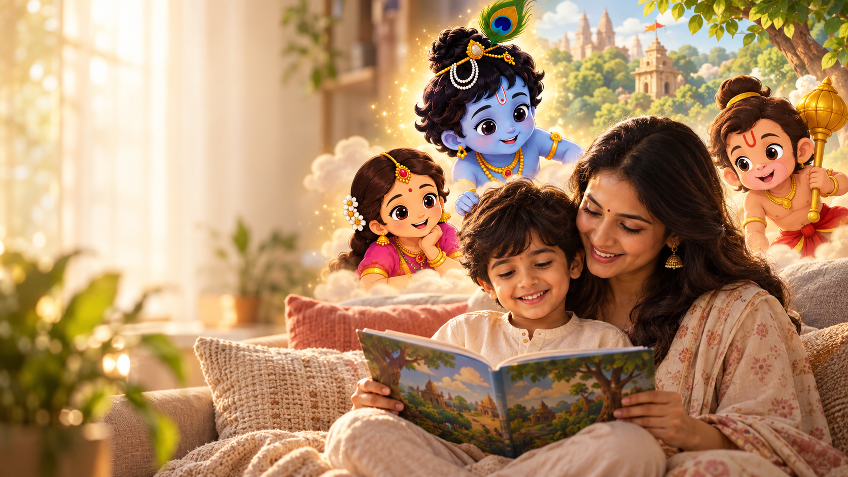 A mother and child enjoying a Gods of Logic story together