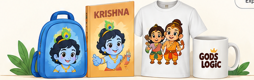 Gods of Logic backpack, Krishna book, character T-shirt and mug