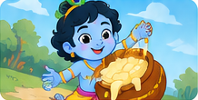 Krishna enjoying butter in a sunny meadow